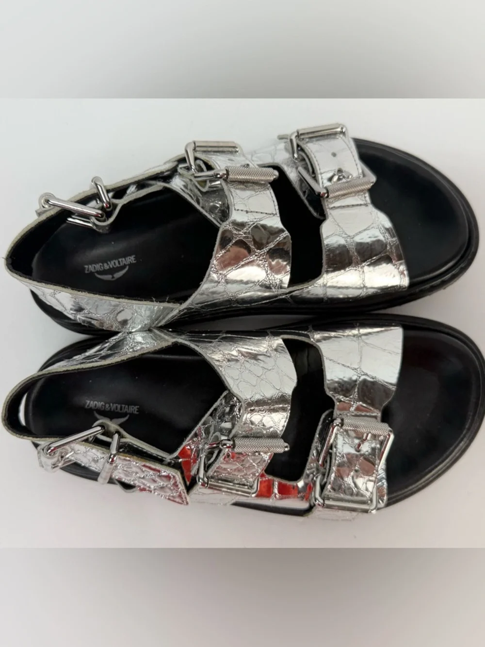 ZADIG & VOLTAIRE Silver reptile imprint Metallic Buckle Platform Sandals size 7 - Picture 9 of 9
